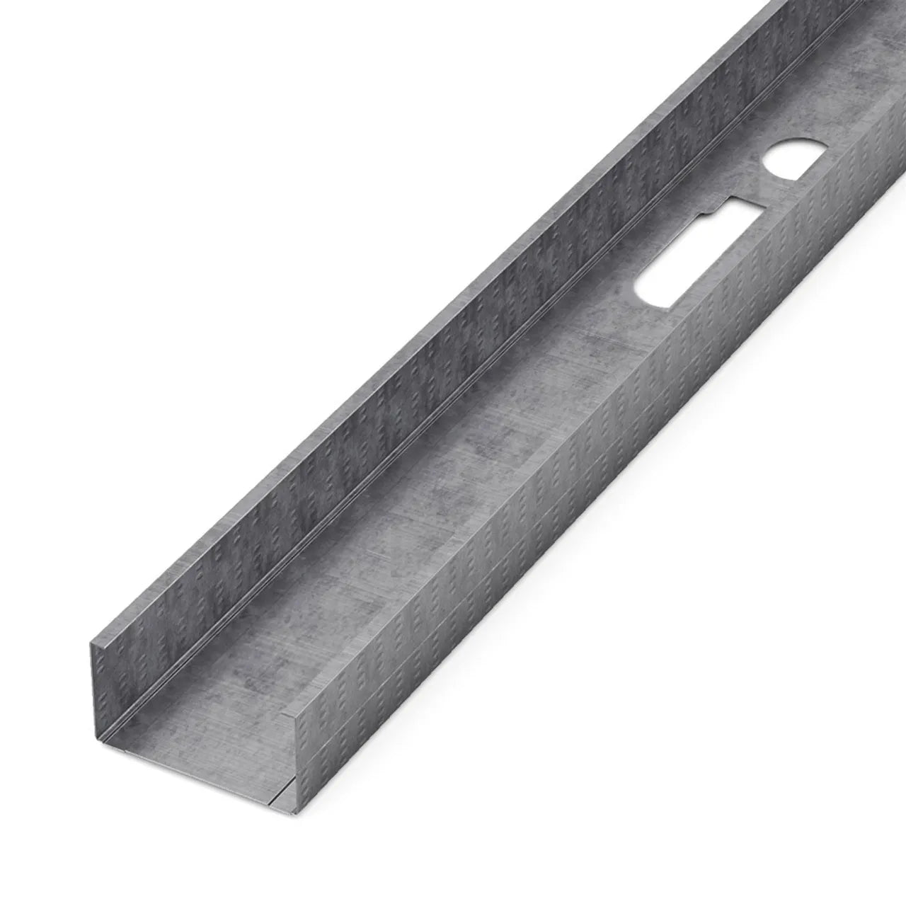 A close-up of a Go Build 1-1/4 in. x 1-5/8 in. x 8 ft. Steel Stud – 25 Ga., featuring its U-shaped channel and oval web hole, designed for drywall framing to support walls and partitions.